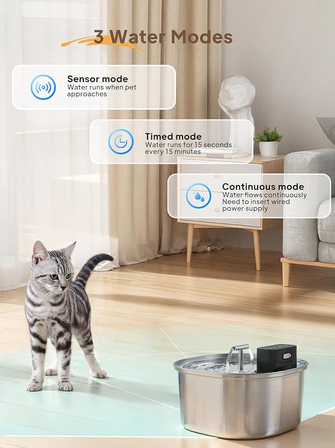 Voluas Cat Water Fountain Stainless Steel: 108oz/3.2L Wireless Cat Fountain Battery Operated for Drinking Indoor, Cordless Automatic Pet Water Dispenser Bowl with Water Level Window, BPA-Free