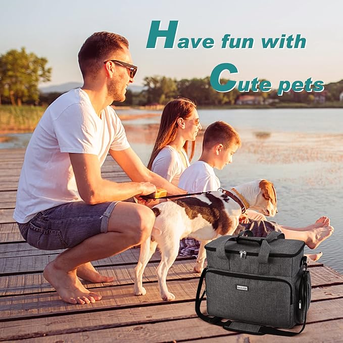 BAGLHER Dog Travel Bag, Airline Approved Pet Tote Organizer with Multi-Function Pockets, 2 X Food Storage Containers and 2 X Collapsible Bowls, Perfect Weekend Pet Travel Set for Dog, Cat Grey