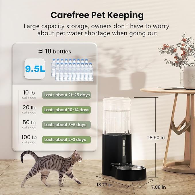 CZPET 2.5 Gallon Dog Water Bowl Dispenser, Automatic Dog and Cat Water Dispenser with Stainless Steel Bowl, Gravity Waterer, Large Capacity, and Quiet Drinking Area for Pets (9.5L,Black)