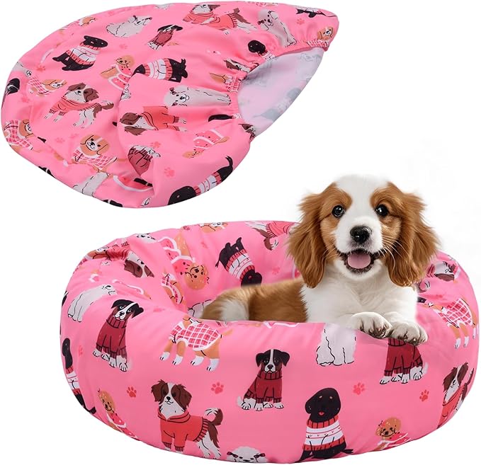 Round Replacement Dog Bed Covers Elastic Edged Washable Pet Bed Protector with Pink Dog Pattern Design for Small & Medium Pet Beds, Cover Only (Pink, 20 x 9.8 Inch)