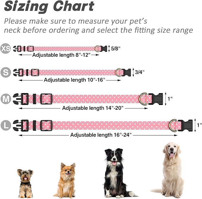 Reflective Dog Collar for Extra Small Dogs, Cute Adjustable Heavy-Duty Nylon Puppy Collars for Boy and Girl Female, Soft Pet Accessories with Quick Release Buckle, Neck 8-12", Pink Hearts