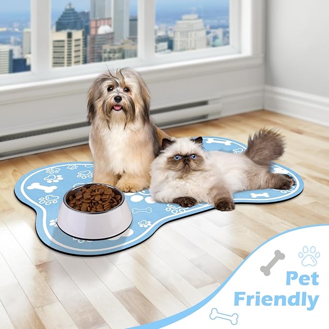 Dog Cat Mat for Food and Water,Rapid Absorbent Pet Feeding Mat, Bone Shaped Dog Placemat Bowl Mat with Rubber Backing,No Stains Pet Food Mats Indoor, Pet Accessories Supplies,Blue 17"×29"