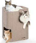 Made4Pets Cat House for Indoor Use, 2-Storey Cube Bed Cave, Covered Hideaway Condo with Scratch-Resistant Felt, Foldable Easy-to-Clean Design for Multi-Cat Homes, Beige