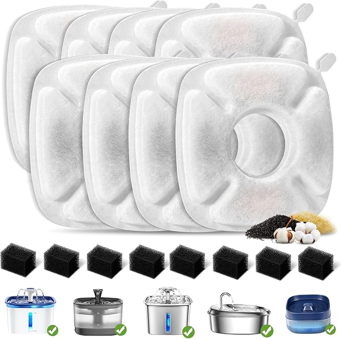 （16 Pices） 8 Pack Replacement Filters & 8 Pack Replacement Pre-Filter Sponges for Veken 95oz/2.8L Bellflower Pet Fountain Cat Water Fountain Dog Water Dispenser