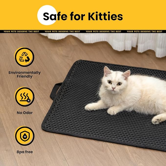 Cat Litter Mat Compact Size 23.6"x14.6" for Small Spaces, Upgrade Waterproof Leakproof Back Layer, Honeycomb Trapping Mat, Washable, Easy to Clean, Scatter Control Kitty Litter Matt, Black