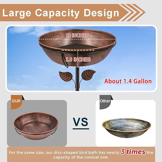 3" Deep Metal Bird Bath for Outdoors, Removable 13" Dia Bowl with Stable Upgrades Stake, Easy to Clean Birdbaths for Garden Yard Lawn Decor 1.4 Gallon