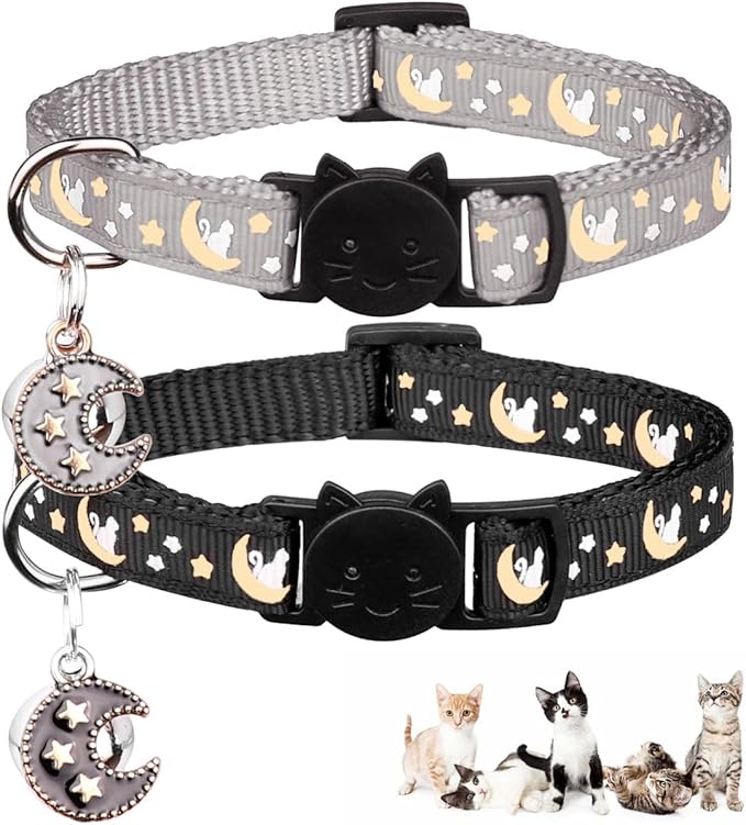 2Pcs Breakaway Cats Collars Cat Collars for Boy & Girl Cats Adjustable Kitten Collars with Bell,Black+Gray,8"-13.1"