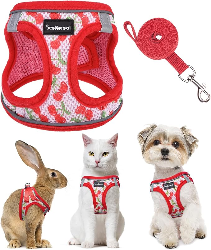 SCENEREAL Cat Harness & Leash Set Escape Proof - Adjustable Air Mesh Vest with Reflective Strips for Kittens, Puppies, Rabbits, Cherry M