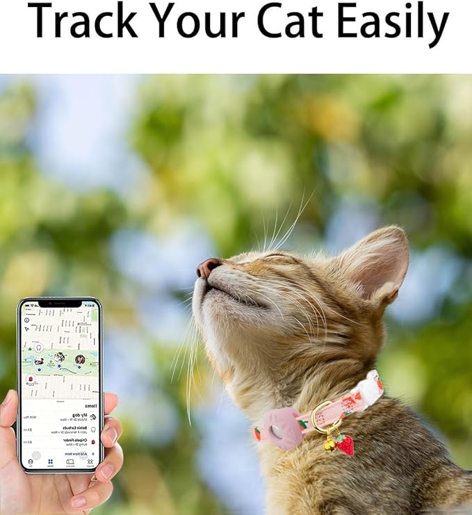 Breakaway Cat Collar with Airtag Holder,Kitten Collar with Apple Air Tag Holder and Bell for Girl Boy Cats, 0.4 Inches in Width and Lightweight. (Pink Strawberry)