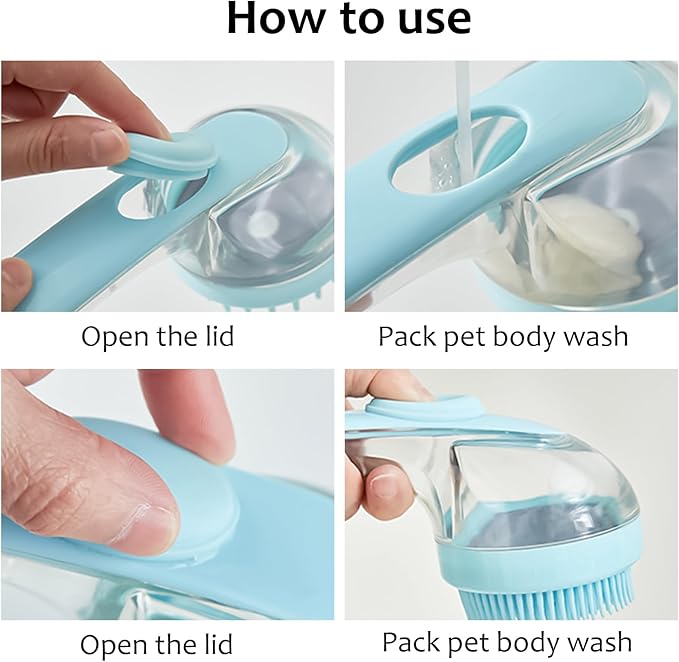 (6 Pcs) ELEGX Pet Grooming Bath Massage Brush with Soap and Shampoo Dispenser Soft Silicone Bristle for Long Short Haired Dogs Cats Shower (Light blue)