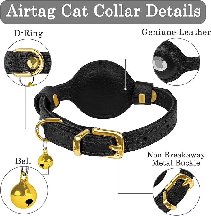 OOPSDOGGY Leather AirTag Cat Collar with Bell - Non Breakaway Kitten Collar with Apple Air Tag Holder - Lightweight GPS Pet Collars for Girl Boy Cats, Small Dogs, Puppies (Black)
