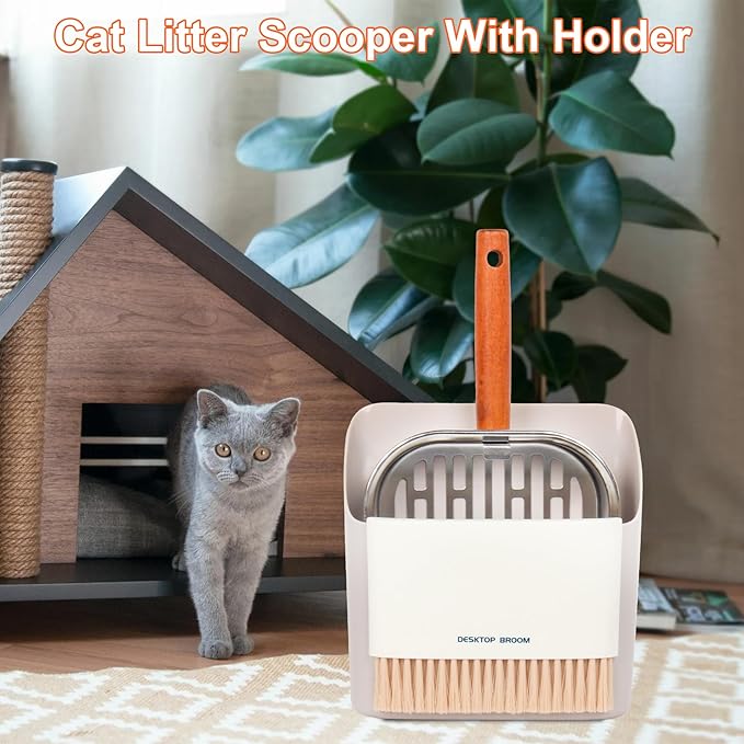 Stainless Steel Cat Litter Scoop with Holder, Kitty Poop Scooper Stand for Litter Box, Fast Sifting Non-Stick Cat Poop Scooper with Coarse and Fine Grids for All Litter Pan, Gray