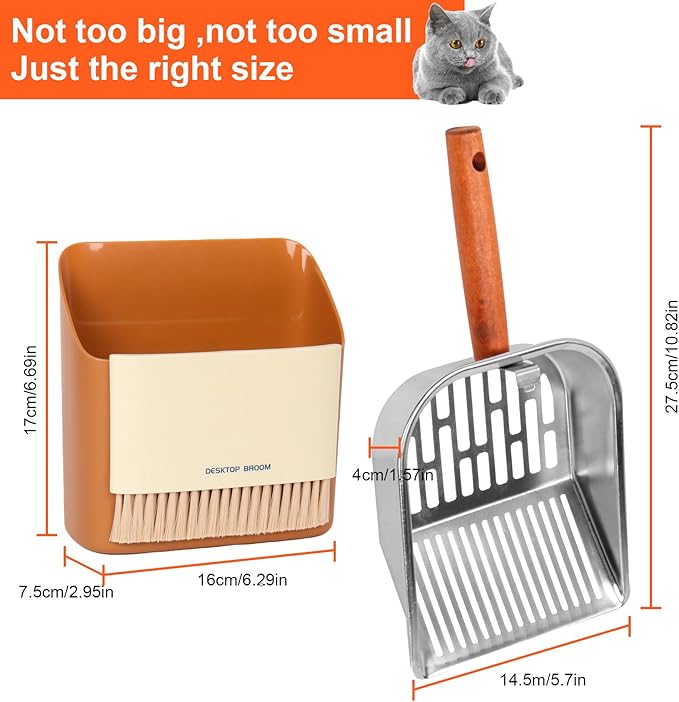 Stainless Steel Cat Litter Scoop with Holder, Kitty Poop Scooper Stand for Litter Box, Fast Sifting Non-Stick Cat Poop Scooper with Coarse and Fine Grids for All Litter Pan, Orange