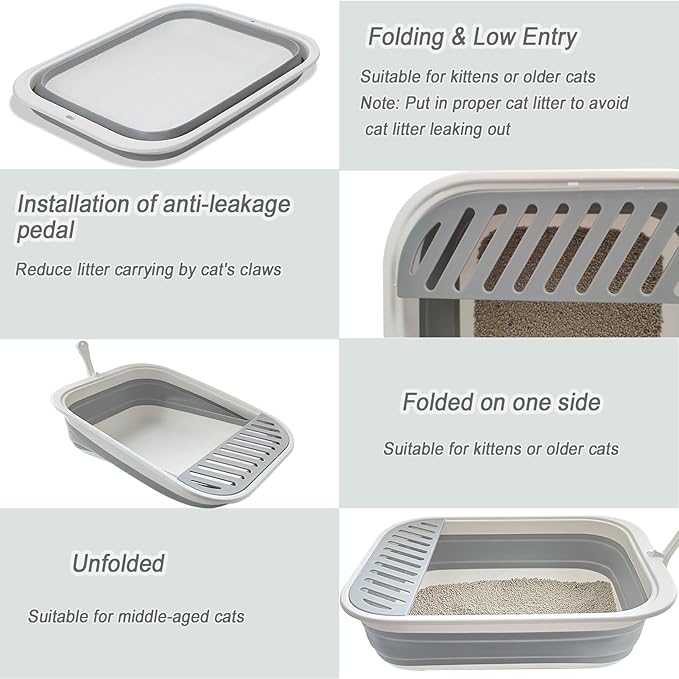 Collapsible Kitten Litter Box, 17.7 x 13.4 x 5 inch Open Cat Potty Pan with Scoop Foldable Shallow Cat Toilet Anti-Splashing Low Entrance Travel Litter Box with Falling Sand Pedal Grey