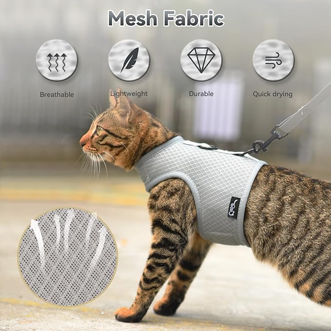 Cat Harness and Leash for Walking Escape Proof Breathable Mesh Fabric, Solid Grey, XX-Large, Adjustable Cat Walking Jackets, Padded Stylish Cat Vest