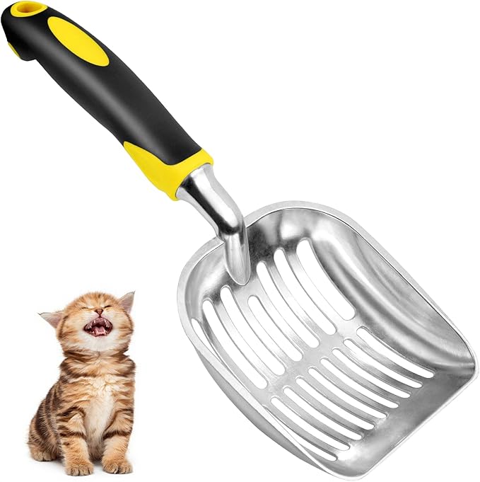 Cat Litter Scoop, Metal Cat Scooper, Rubber Handle Scoop, Sifting Shovel – Heavy Duty Aluminum Alloy Litter Box Scoop with Deep Mesh, Design for Easy Waste Removal and Cleaning(Yellow)