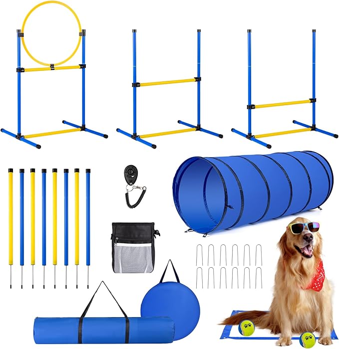 Dog Agility Course Backyard Set，Dog Agility Equipment, Dog Obstacle Course Backyard With 2-Set Agility Hurdle ，Jump Ring, 8 Weave Poles, Tunnel, Pause Box, Toy Balls And 2 Portable Carrying Bags