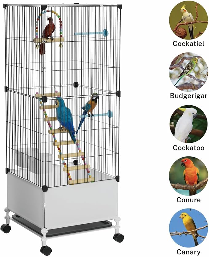 Medium Flight Bird Cage, Black Parakeet Cages with Rolling Stand & Wheels, Wide Birdcage for Parrots Cockatiels Conure Budgie Canary Finch Lovebird