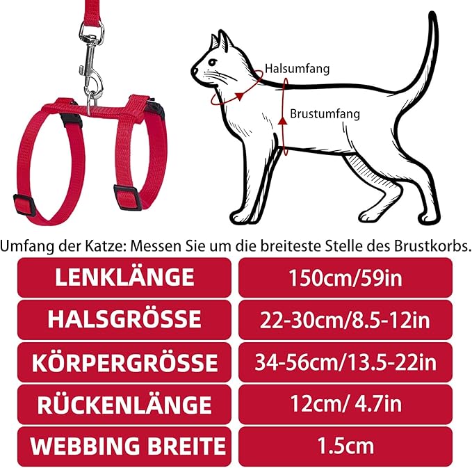 PUPTECK Adjustable Cat Harness and Leash Set Escape Proof Kitten Strap Collar for Walking Travel, Red, M