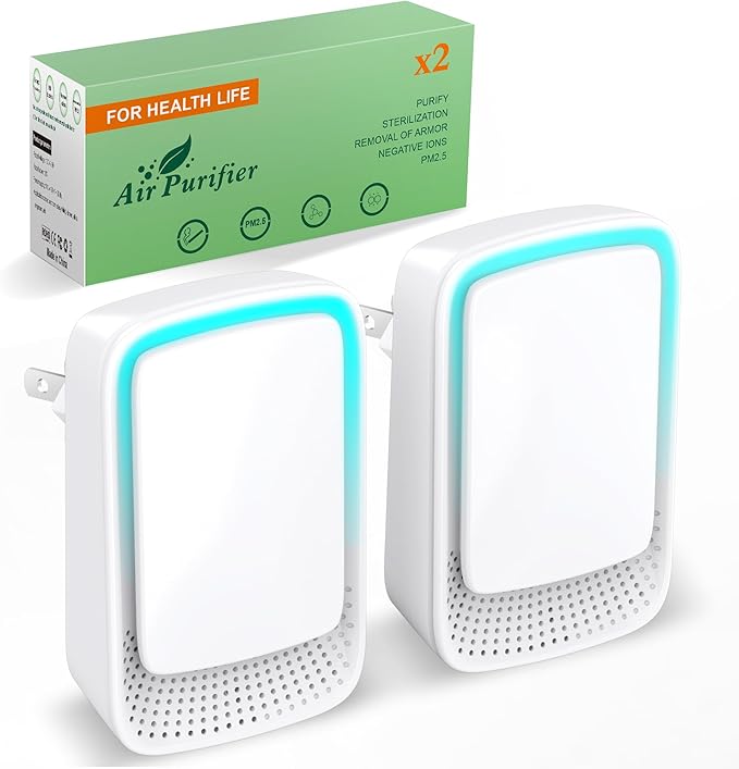 Plug In Air Ionizers - Negative Ion Technology Air Purifier - Quiet Operation Air Freshener for Home, Bedroom, Office, Garage Room - Portable Air Purifiers Odor,Pets Smell - Air Cleaner White (2 Pack）