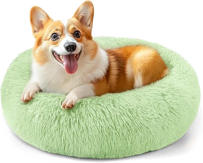 28in Large Dog Bed, Medium Size Dog and Cats, Calming Donut Bed for Puppy and Kitten, Washable Round Fluffy Pet Bed (Green)