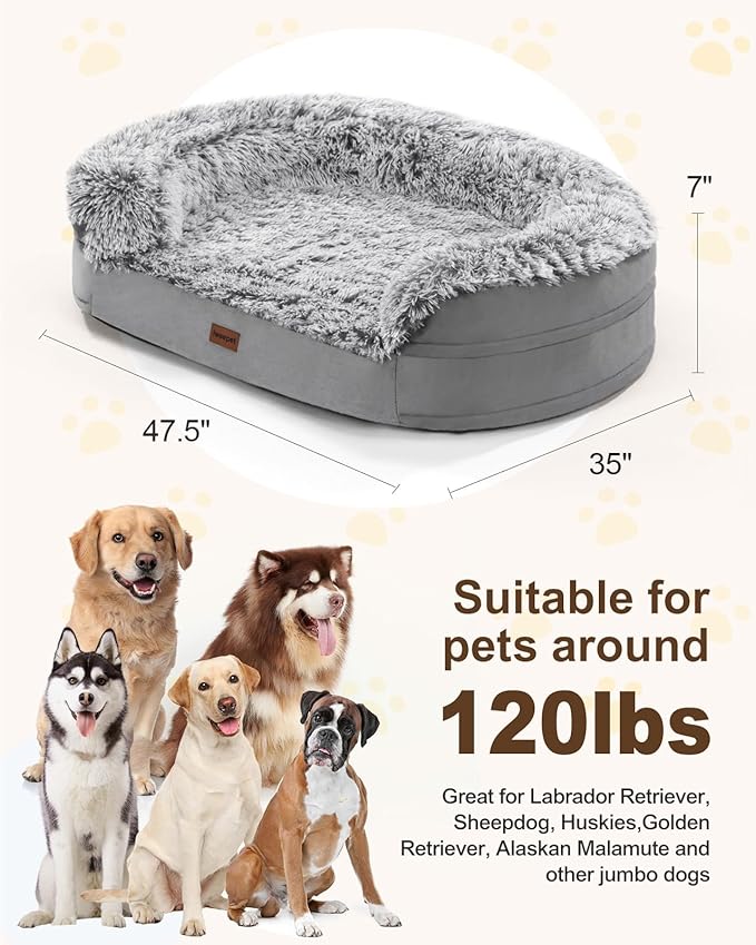 Dog Beds for Jumbo Dogs, 47.5"x35"x7.6", Removable and Washable Cover, Raised Reboundable Edges, Non Slip Bottom, Extra Big Size, Orthopedic Oval Memory Foam Pet Bedding, Indoor