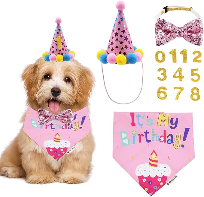 ADOGGYGO Dog Birthday Bandana Scarf and Puppy Girl Birthday Party Hat with Cute Bow Tie for Small Dog Cat (Small)