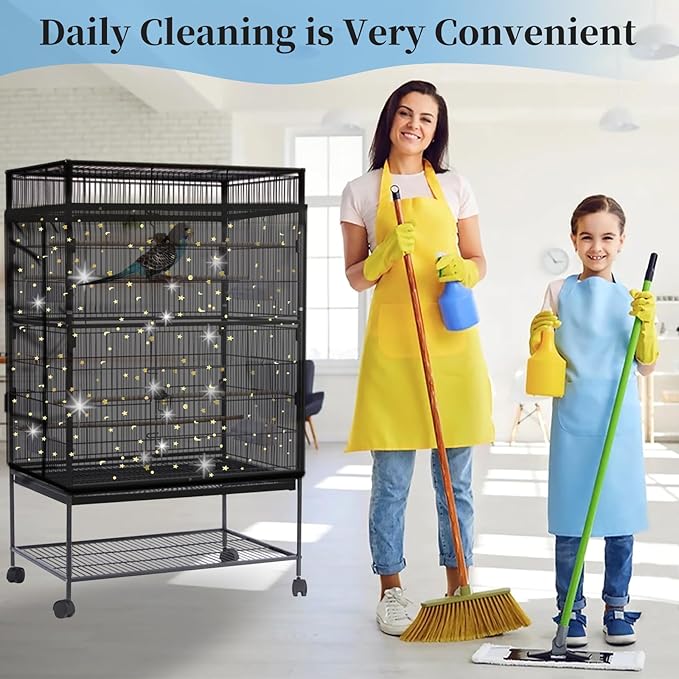 Daoeny Bird Cage Seed Catcher, Large Bird Cage Cover, Adjustable Soft Airy Nylon Mesh Net, Birdcage Cover Skirt Seed Guard for Parrot Parakeet Macaw African Round Square Cages (Black, Sequins Star)
