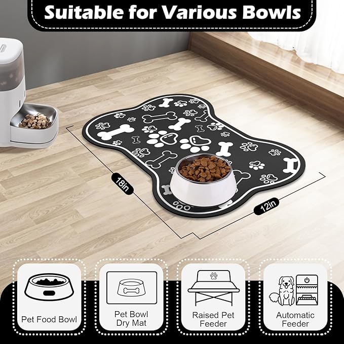 Dog Cat Food Mat,Rapid AbsorbentPet Feeding Mat, Bone Shaped Dog Placemat Water Bowl Mat with Rubber Backing,No Stains Dog Cat Food Mats Indoor, Pet Accessories Supplies 12""x18"" Black
