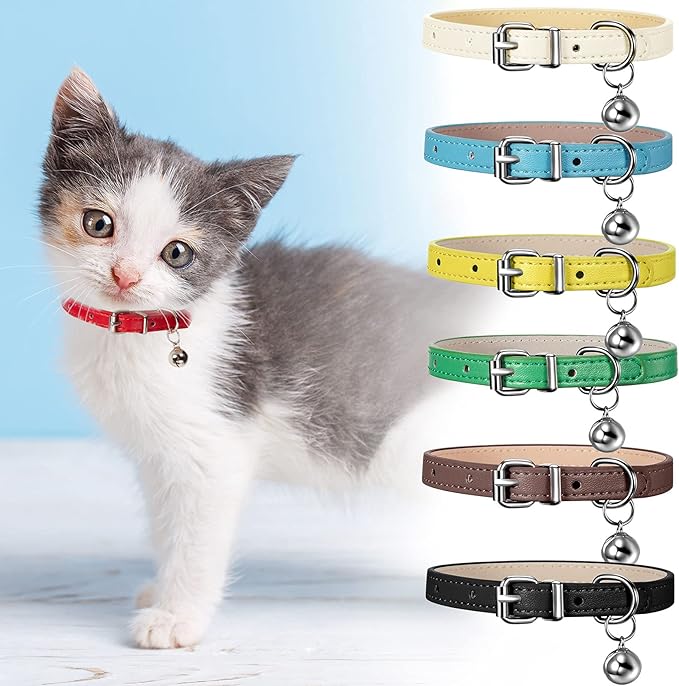 Weewooday 6 Pieces Leather Cat Collar with Bell Cute Pet Leather Kitten Collar for Boy Girl Cats with Safety Elastic Strap for Small Kitten Puppy(Fresh Color)
