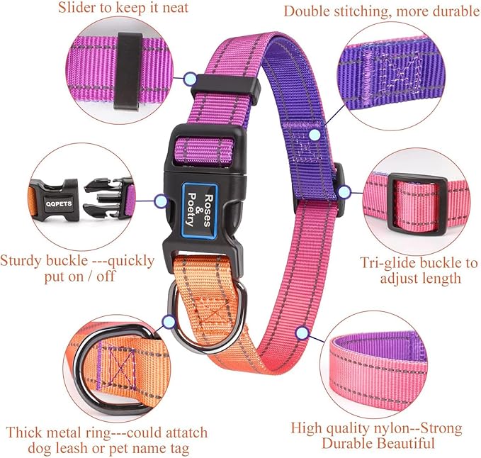 Roses&Poetry Reflective Dog Collar with Gradient Mistyrose, Adjustable Durable Pet Collars for Small Medium Large Dogs (Mistyrose-M)