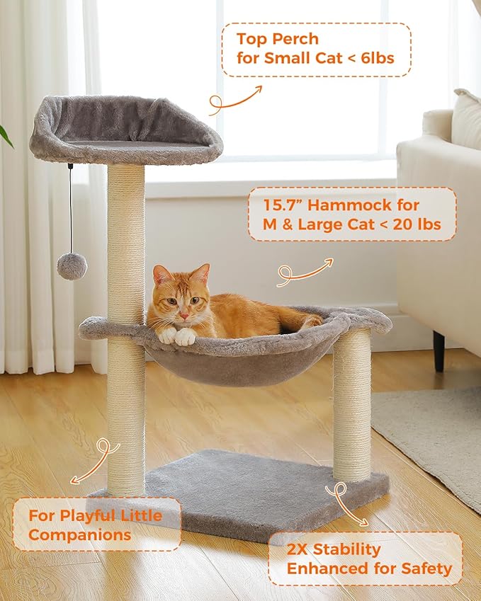 Cat Tree 28", Cat Scratching Post with 15.7" Large Cat Hammock Bed for Indoor Small Cats, Grey