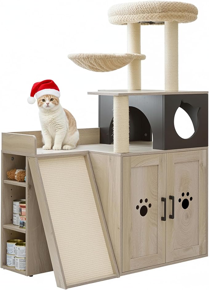 IRONCK Litter Box Enclosure with Cat Tree, 46" Hidden Litter Box with Sisal Scratching Ladder and Storage, Modular Wooden Litter Box Furniture with Condo and Platform, All-in-one Cat Tower, Greige