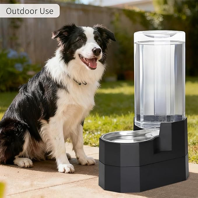 RIZZARI Large Dog Water Dispenser: 9L Raised Gravity Gray Automatic Stainless Steel Waterer with 2 Caps - 100% BPA Free - Pet Feeder for Senior Dogs with Joint Pain in Bedroom Garden