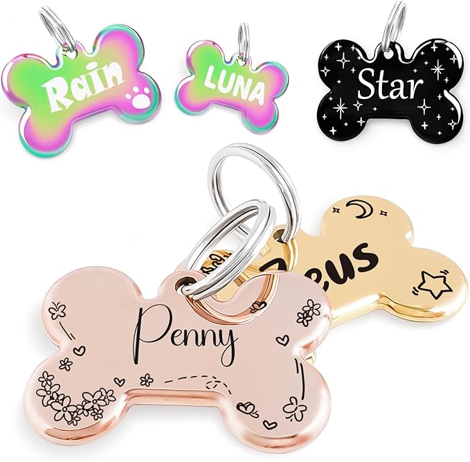 Name Pattern Art Design - Dog Tags Personalized for Pets - Custom Cats Dogs ID Tag - Stainless Steel Deep Engraving (Bone)