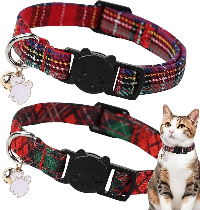 Unique style paws 2 Pack Christmas Kitten Collar Breakaway with Bell & Pendant, Adjustable Safety Cat Cotton Collars for Girl Boy Cats and Small Pets