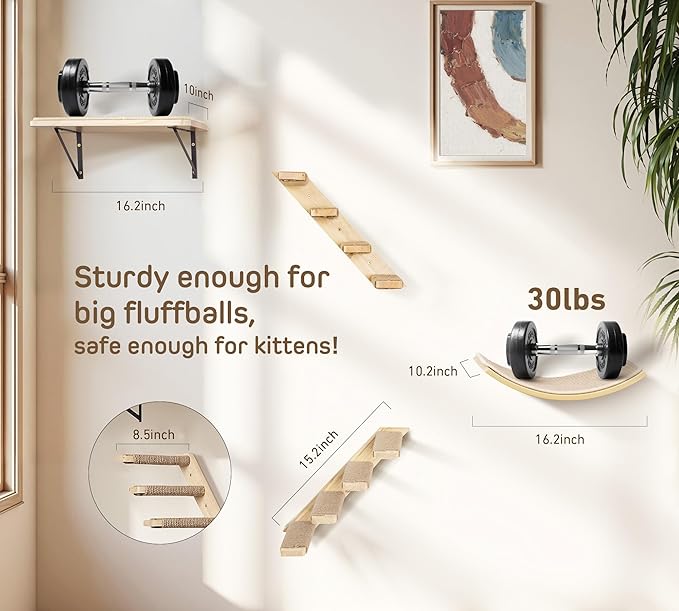Cat Wall Shelves Set with Sisal Cats Stairs, 4 Piece Wooden Climbing Furniture with Scratchable Curved Bed, Flat Shelf & 2 Cat Wall 4-Steps Ladders