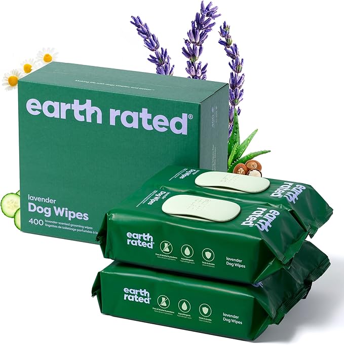 Earth Rated Dog Wipes, Hypoallergenic, Cleaning and Hydrating, for Grooming Paws, Body and Butt, Lavender Scented, 400 Count