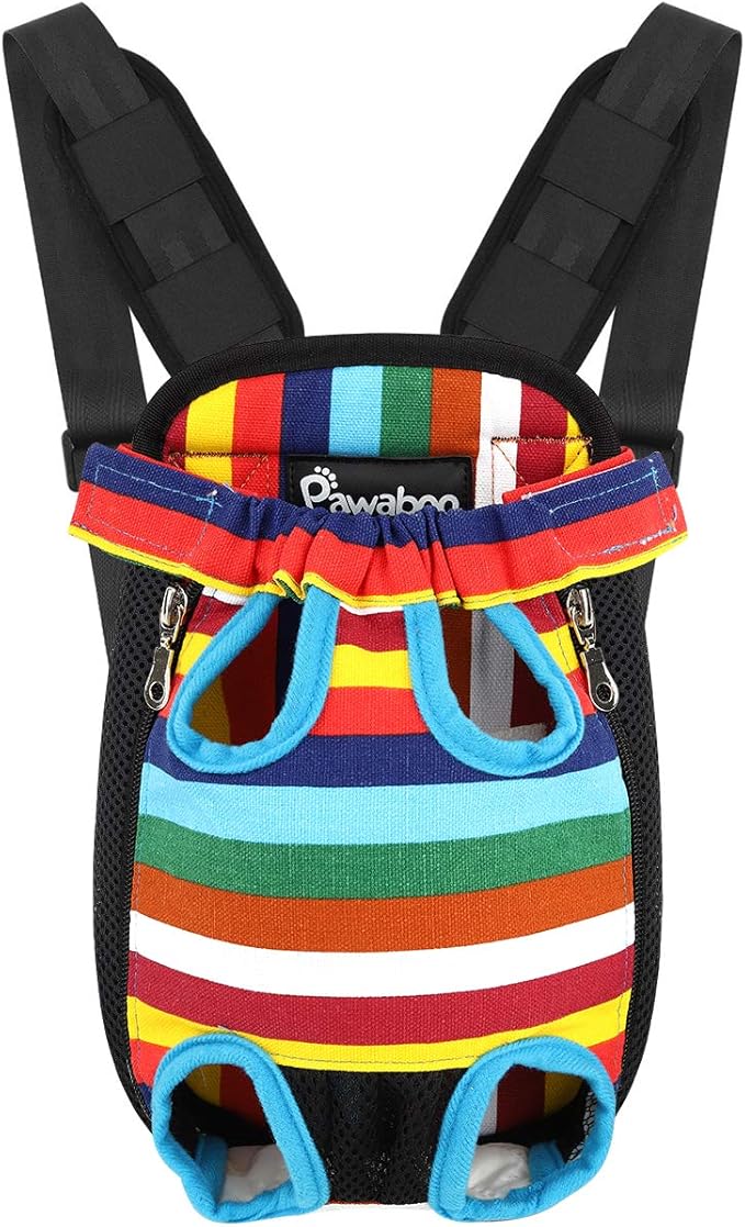 Pawaboo Pet Carrier Backpack, Adjustable Pet Front Cat Dog Carrier Backpack Travel Bag, Legs Out, Easy-Fit for Traveling Hiking Camping for Small Medium Dogs Cats Puppies, Small, Colorful Strips