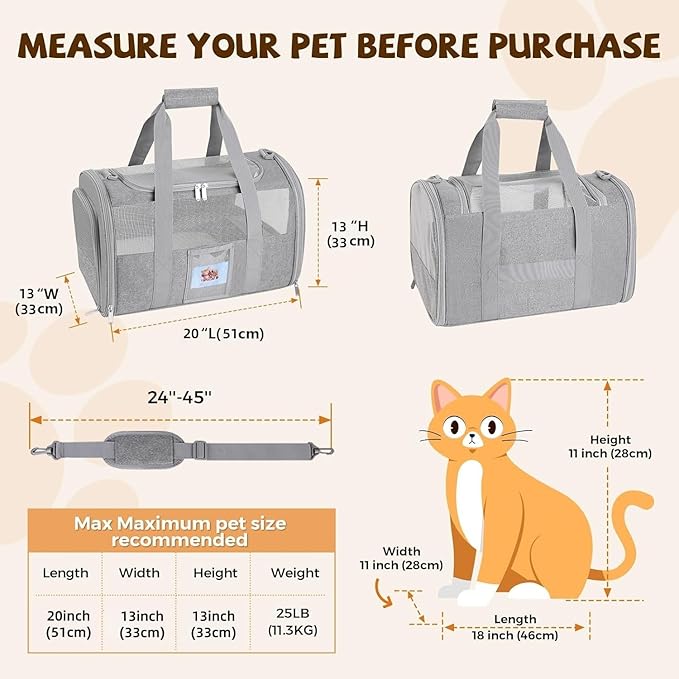 Soft Cat Carrier for Pets Up to 25 lbs, Cat Pet Travel Bag with Padded Shoulder Strap and Detachable Cat Food Bowl, Pet Dog Carriers for Small Dogs and Puppies, Travel Carry, Gray