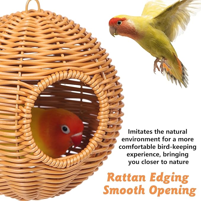 BNOSDM Rattan Bird Nest Parrot Nesting House Parakeet Hanging Swing Soft Lovebird Warm Bed Sleeping for Parrots Bird Cage Accessories for Cockatiels Budgerigars Finches Canaries (Single-Hole Style)