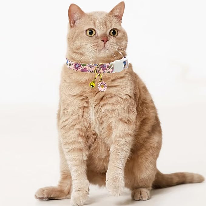 2 Pack Cotton Breakaway Cat Collars Set with Bell and Flower Pendant, Cute Floral Fruit Patterned, Adjustable 7.5-11Inch, Include A Mouse Toy Gift