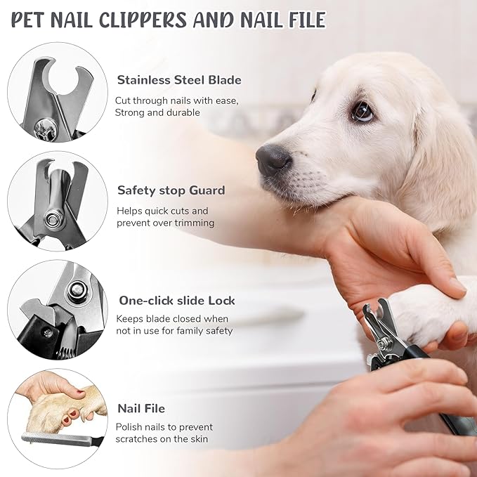 Dog Brush & Grooming Kit – 9-Piece Pet Brush & Deshedding Set for Shedding, Bathing, Trimming & Nail Care | Grooming Tools for Dogs & Cats, Includes Comb, Nail Clipper, Scissors, Slicker Brush (Gray)