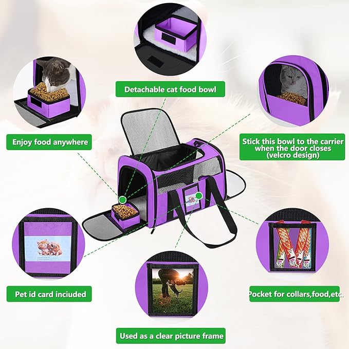 Large Cat Carrier Soft Sided Pet Carriers for Large Cats Under 25 lbs, 20" Dog Carrier Cat Carrier for 2 Cats Travel Carrier, Purple