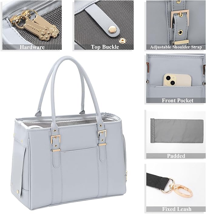 Fashion Pet Carrier Dog Purse Cat Bag Soft-Sided Carriers Travel Airline Approved, Stylish Leather Tote Handbag for Small Animal Puppy Kitten (Grey)