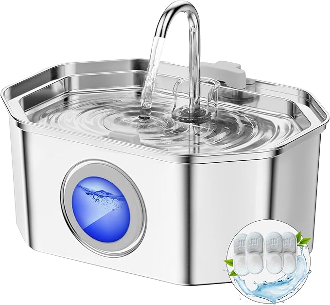 Cat Water Fountain Stainless Steel 108oz/3.2L, APAUK Automatic Pet Fountain Dog Water Dispenser with Water Level Window, Quiet Cat Fountain for Drinking, Inside with Replacement(4 Filters&4 Sponges)