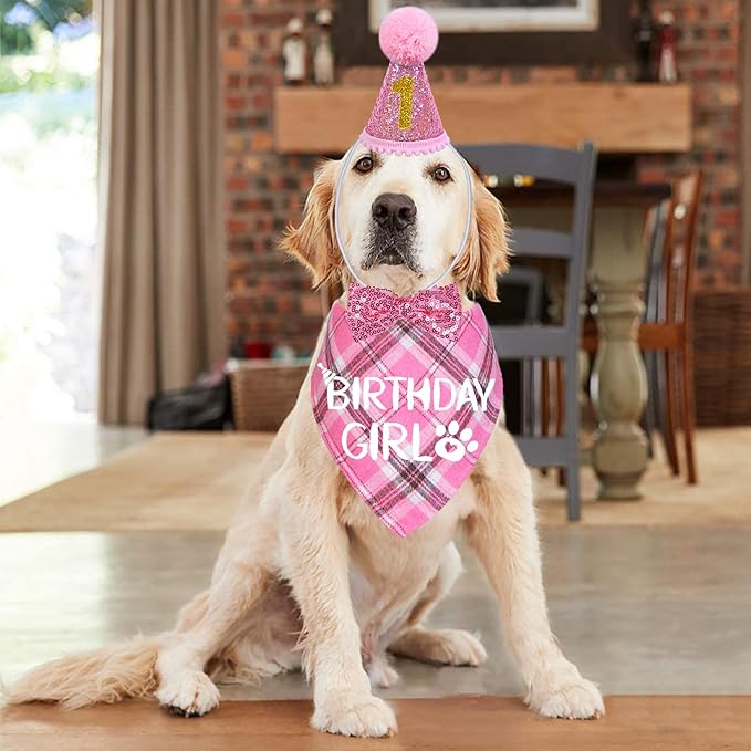 STMK Dog Birthday Outfits, Multi Size Dog Birthday Hat Dog Birthday Girl Bandana Bow Tie Birthday Numbers for Medium Large Dogs Pets (Pink, Large)