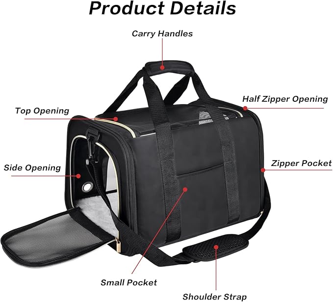 Petmolico Cat Carrier Soft-Sided Pet Bag for Small Medium Cats Puppies 16LBs - Airline Approved Pet Travel Carrier 3 Open Doors (Medium,Black)