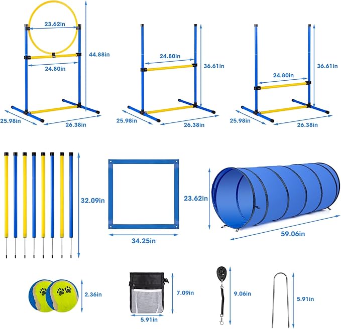 Dog Agility Course Backyard Set，Dog Agility Equipment, Dog Obstacle Course Backyard With 2-Set Agility Hurdle ，Jump Ring, 8 Weave Poles, Tunnel, Pause Box, Toy Balls And 2 Portable Carrying Bags