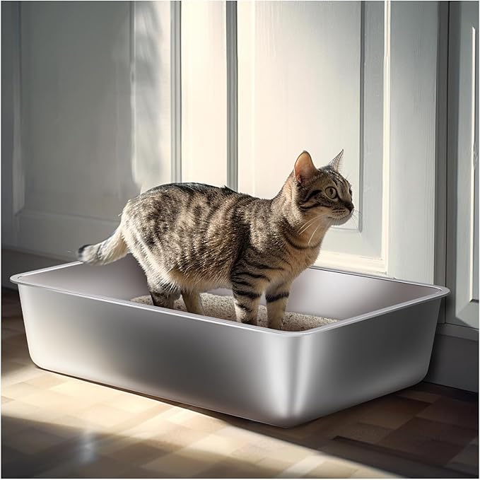 Stainless Steel Litter Box 2 Pack,Medium Metal Litter Box for Kitty/Cat/Rabbits, Easy to Clean, Non Stick Litterbox No Smell for Adult Cats